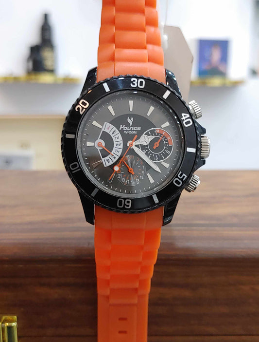 Youngs Orange Sports Watch For Men in Soft Rubber Straps