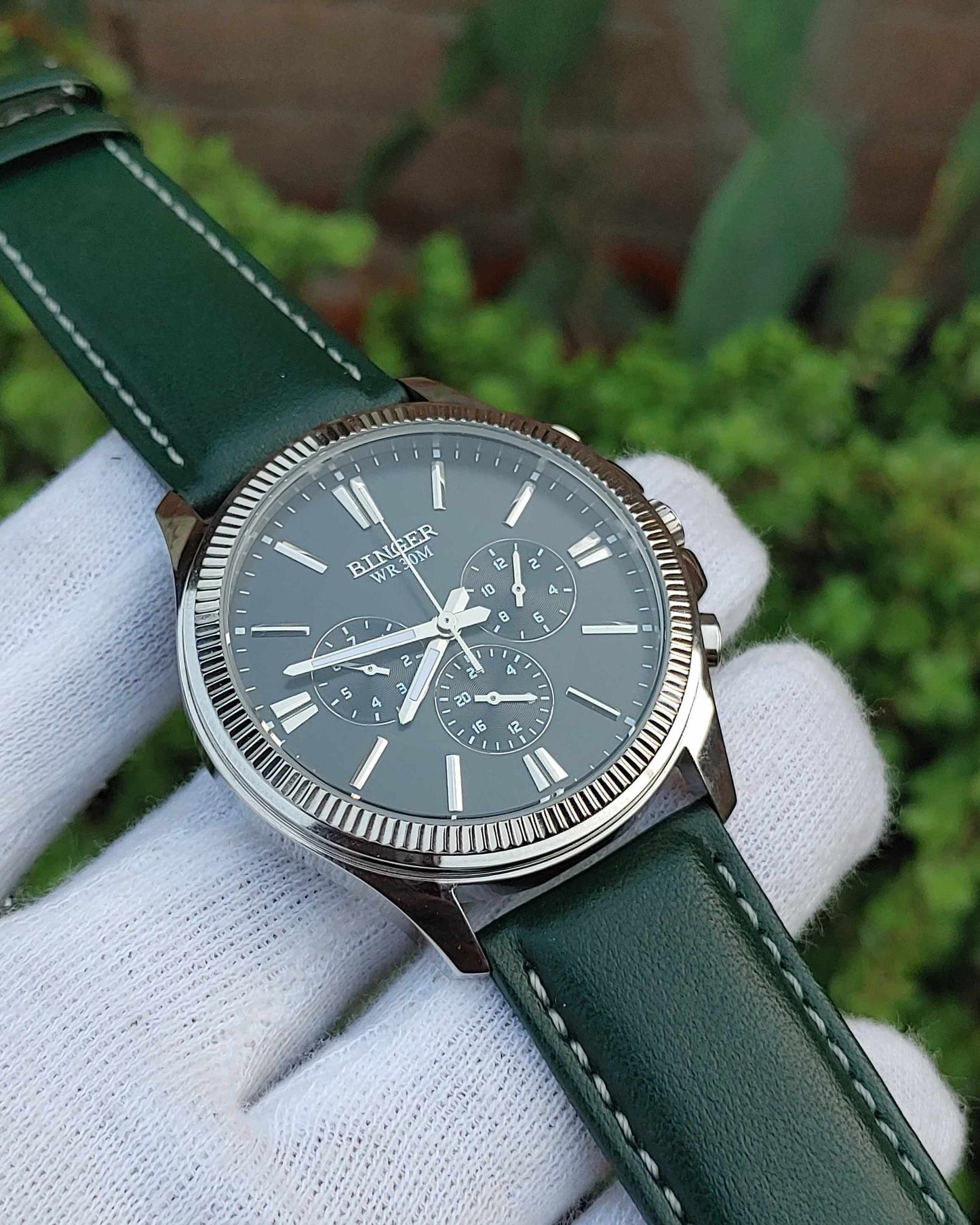 Binger Automatic Watch For Men with Green Jaques Leman Strap