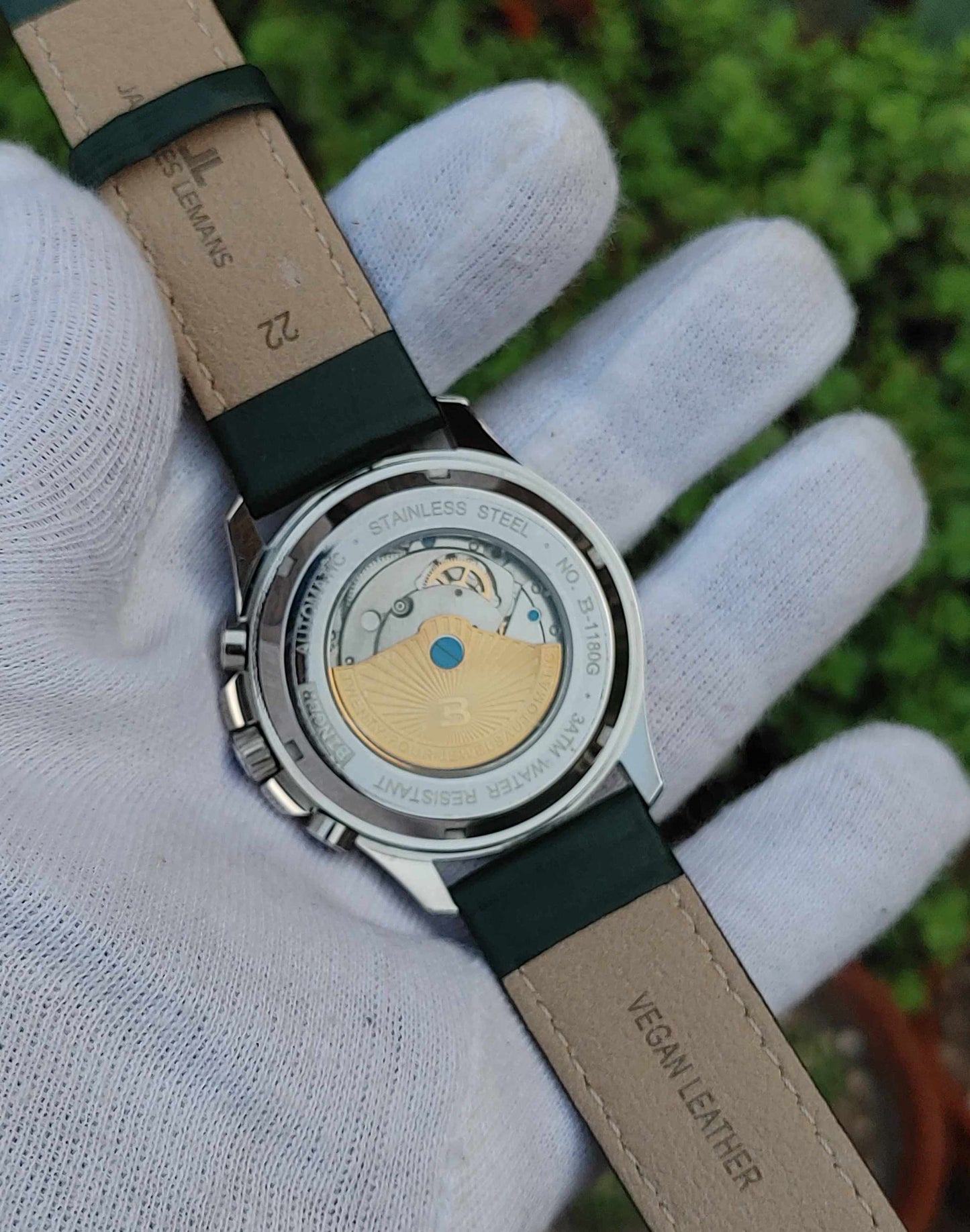 Binger Automatic Watch For Men with Green Jaques Leman Strap