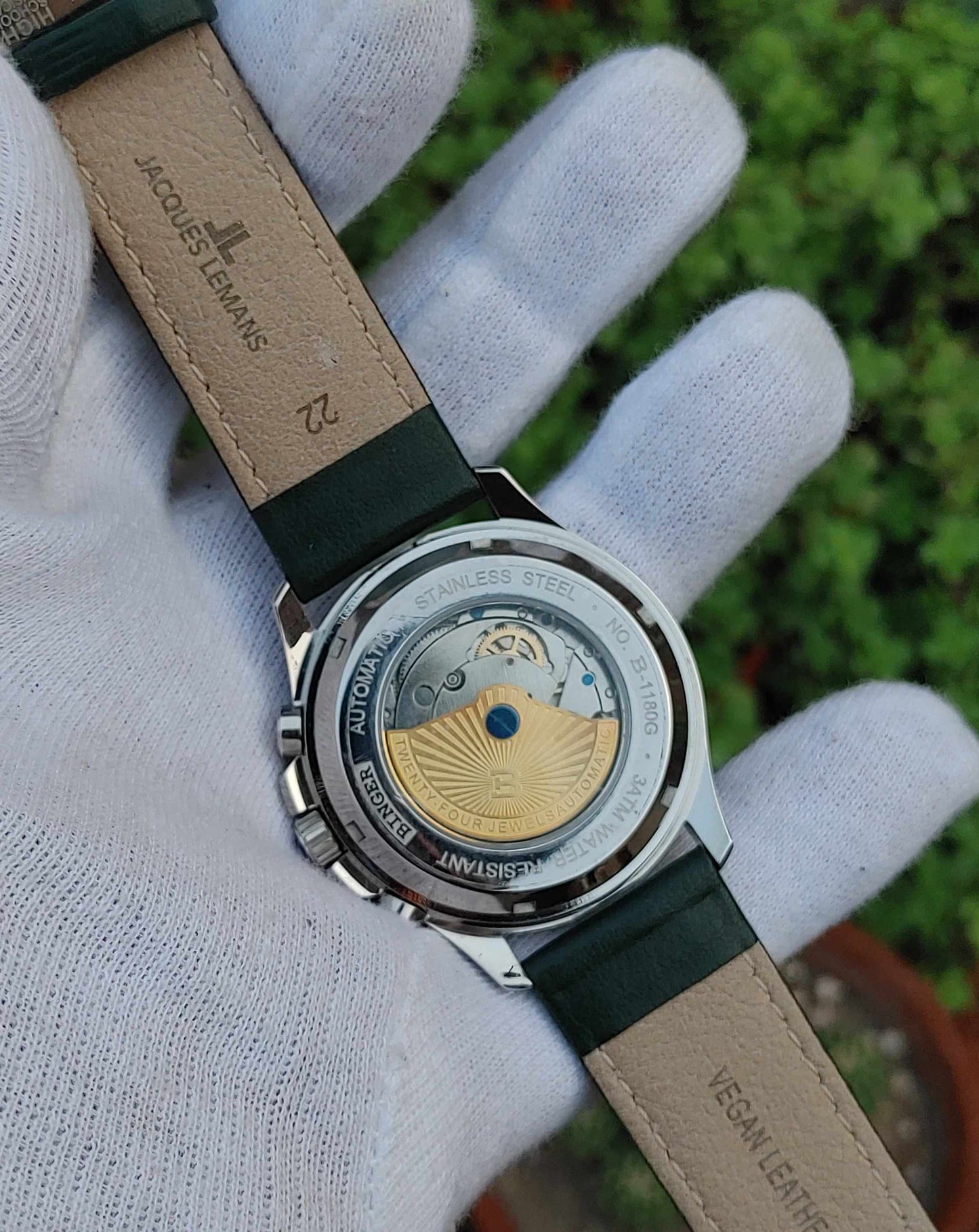 Binger Automatic Watch For Men with Green Jaques Leman Strap