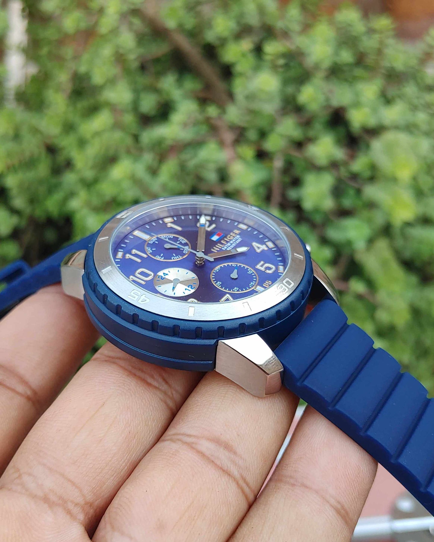 Tommy Hilfiger Wrist Watch for men blue Dial Rubber Strap Solid Case Dual Tone