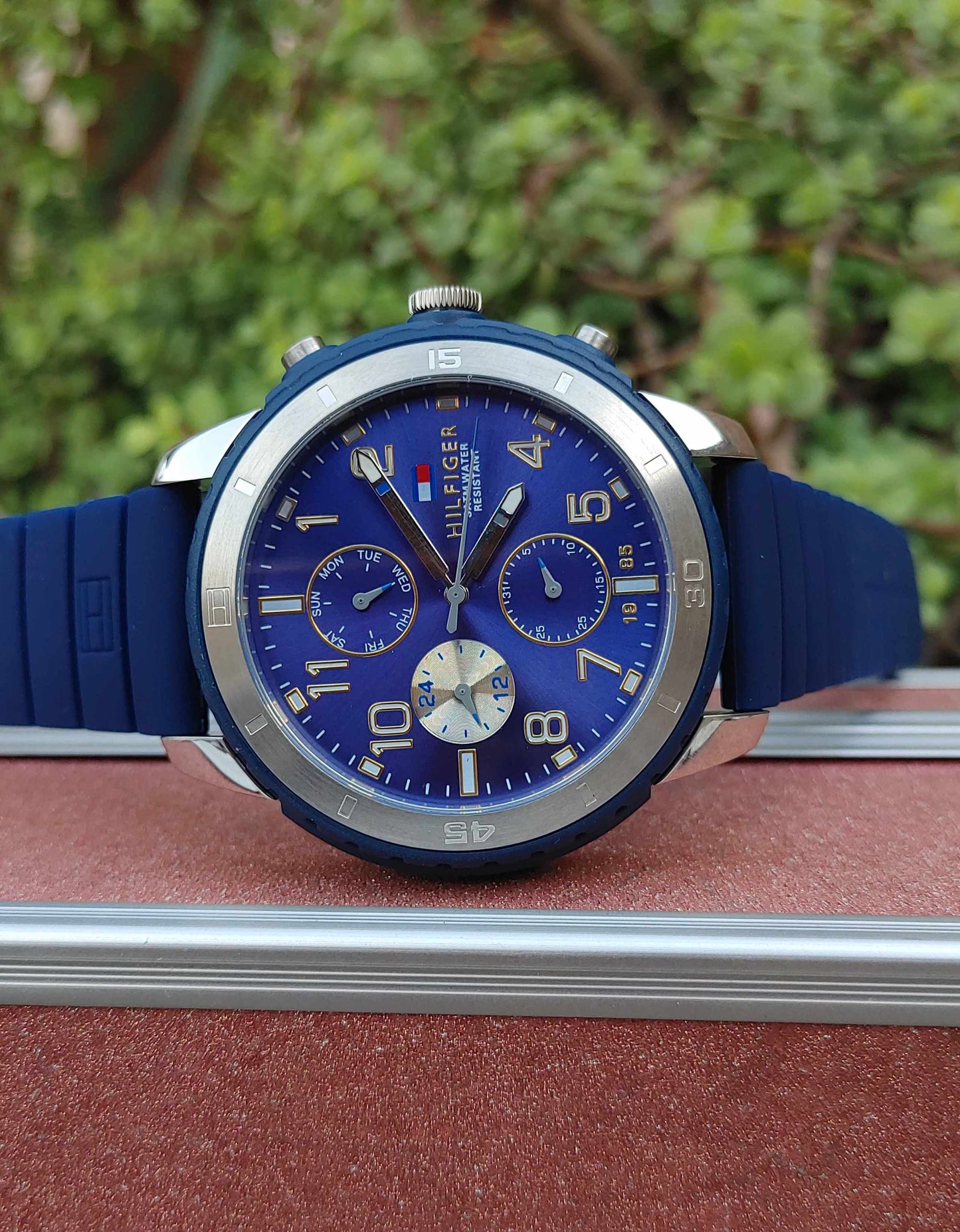 Tommy Hilfiger Wrist Watch for men blue Dial Rubber Strap Solid Case Dual Tone