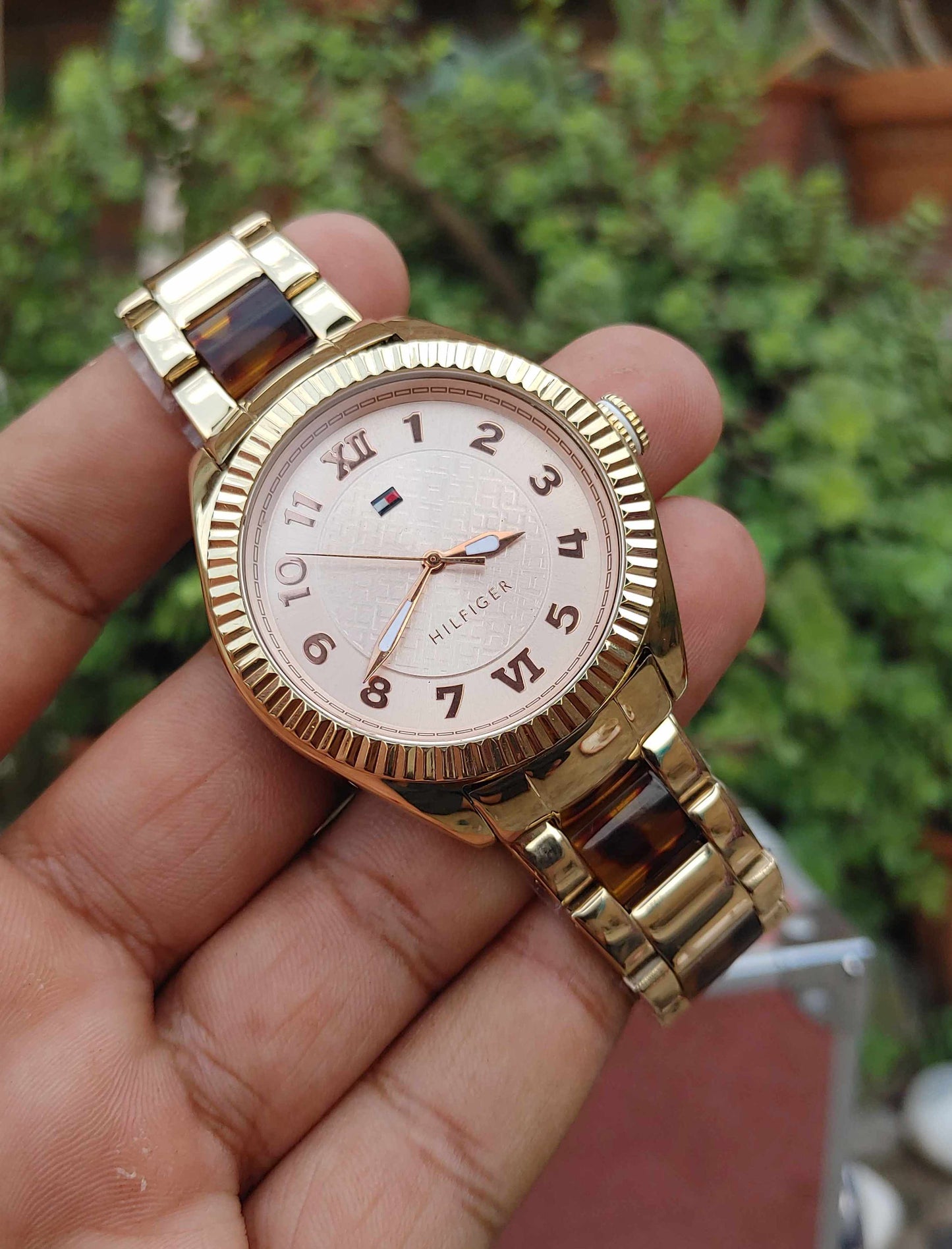 Tommy Hilfiger Pink Dial Gold Colour Watch For Women Numerical Dial