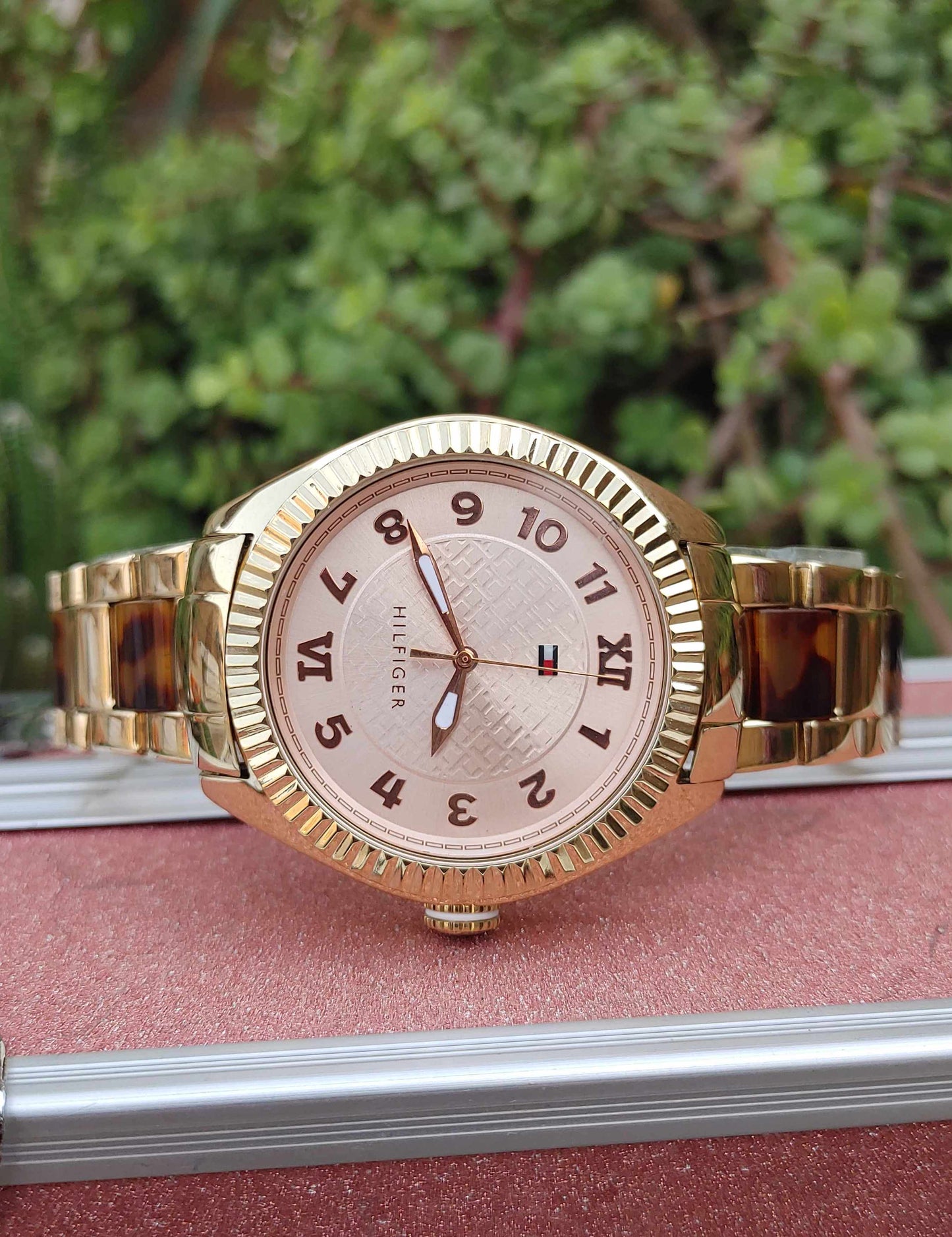 Tommy Hilfiger Pink Dial Gold Colour Watch For Women Numerical Dial