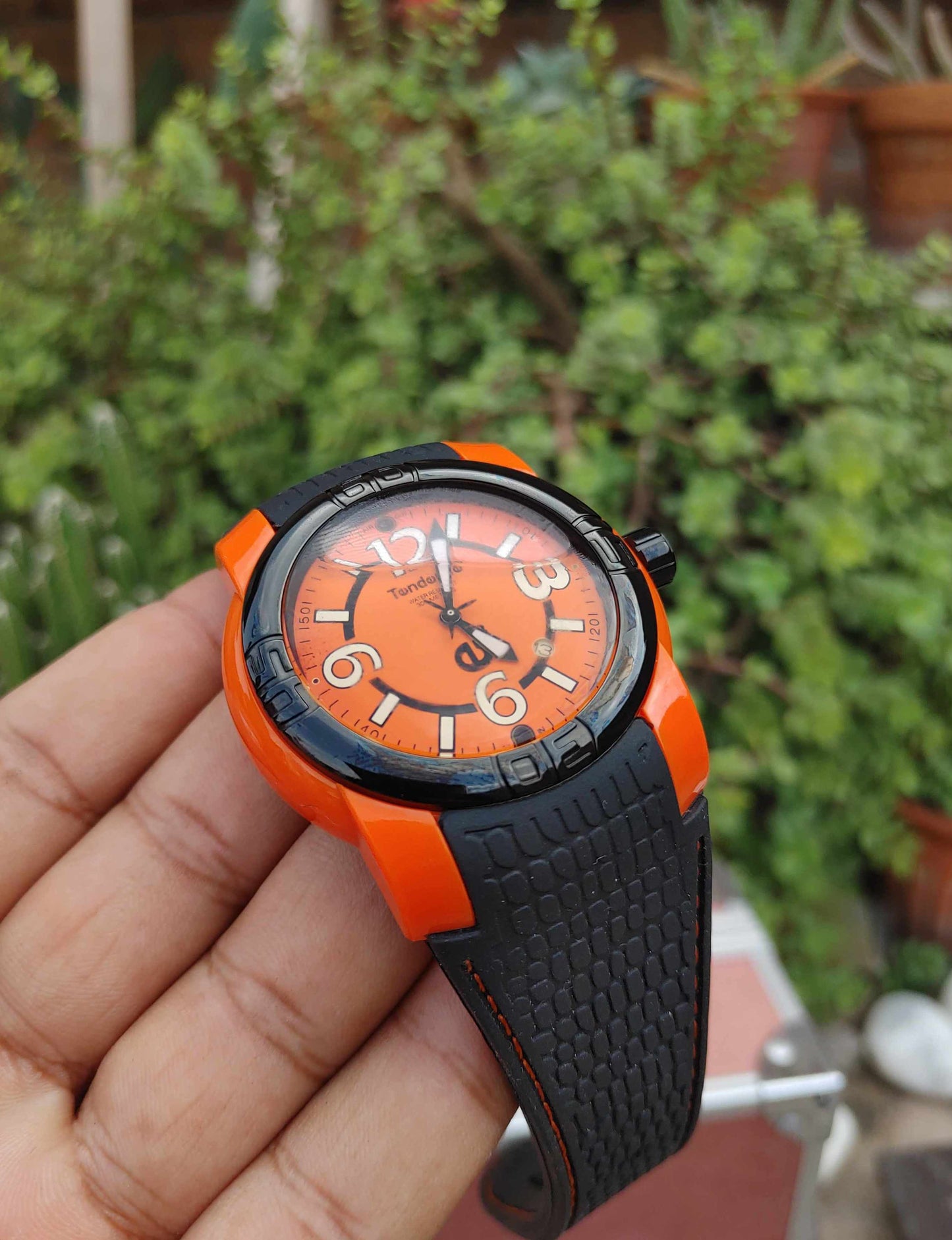 Tenedence Wrist Watch Orange Dial Black Rubber Straps