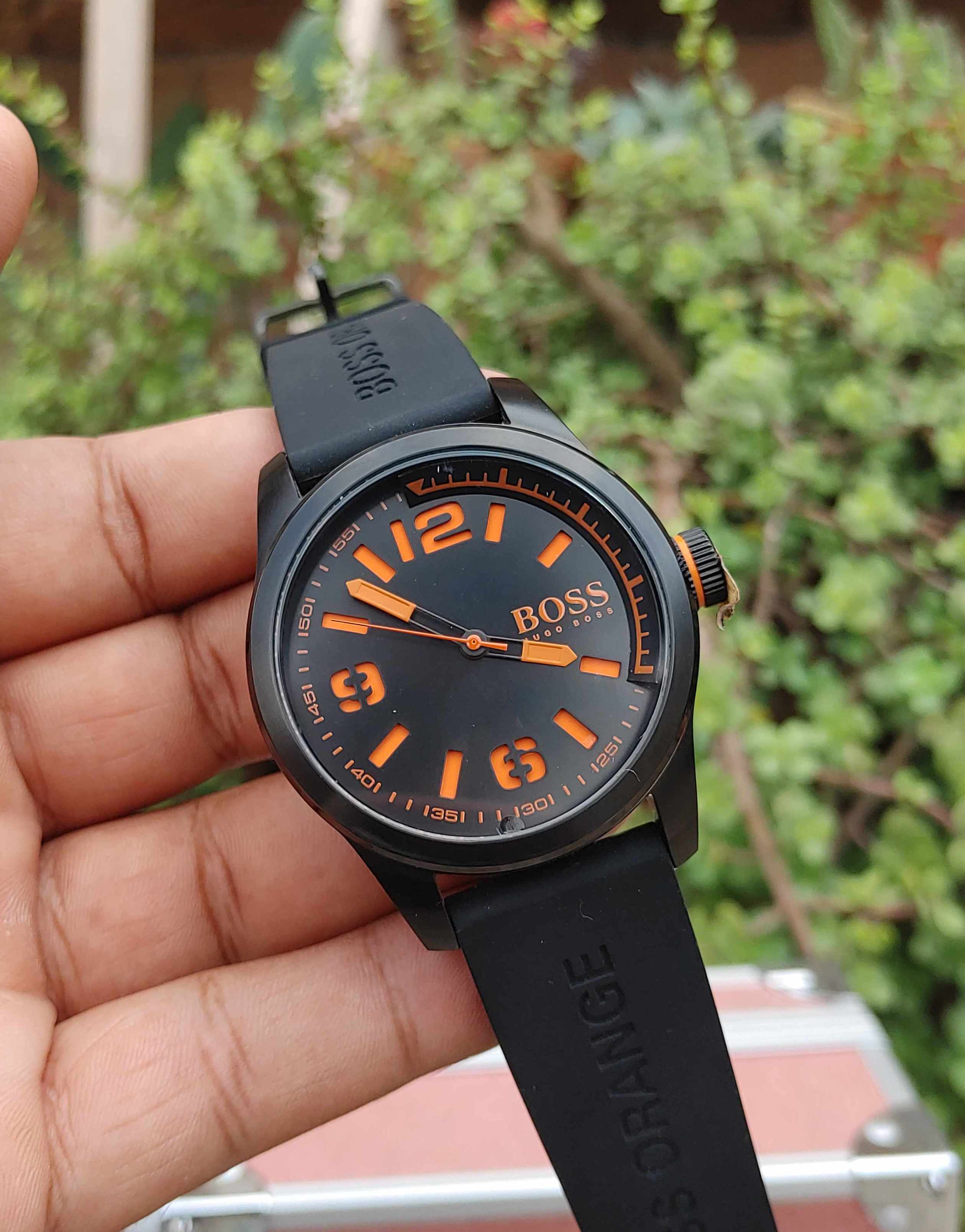 Boss orange paris men's black leather strap watch sale