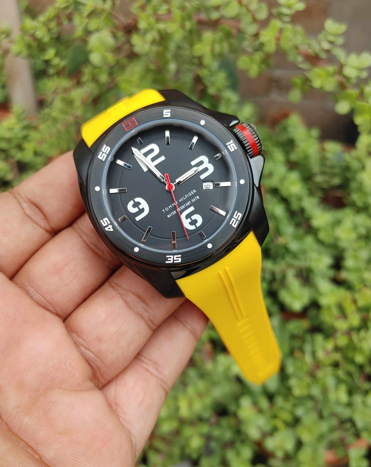 Tommy Hilfiger Yellow Rubber Strap Sports Watch For Men