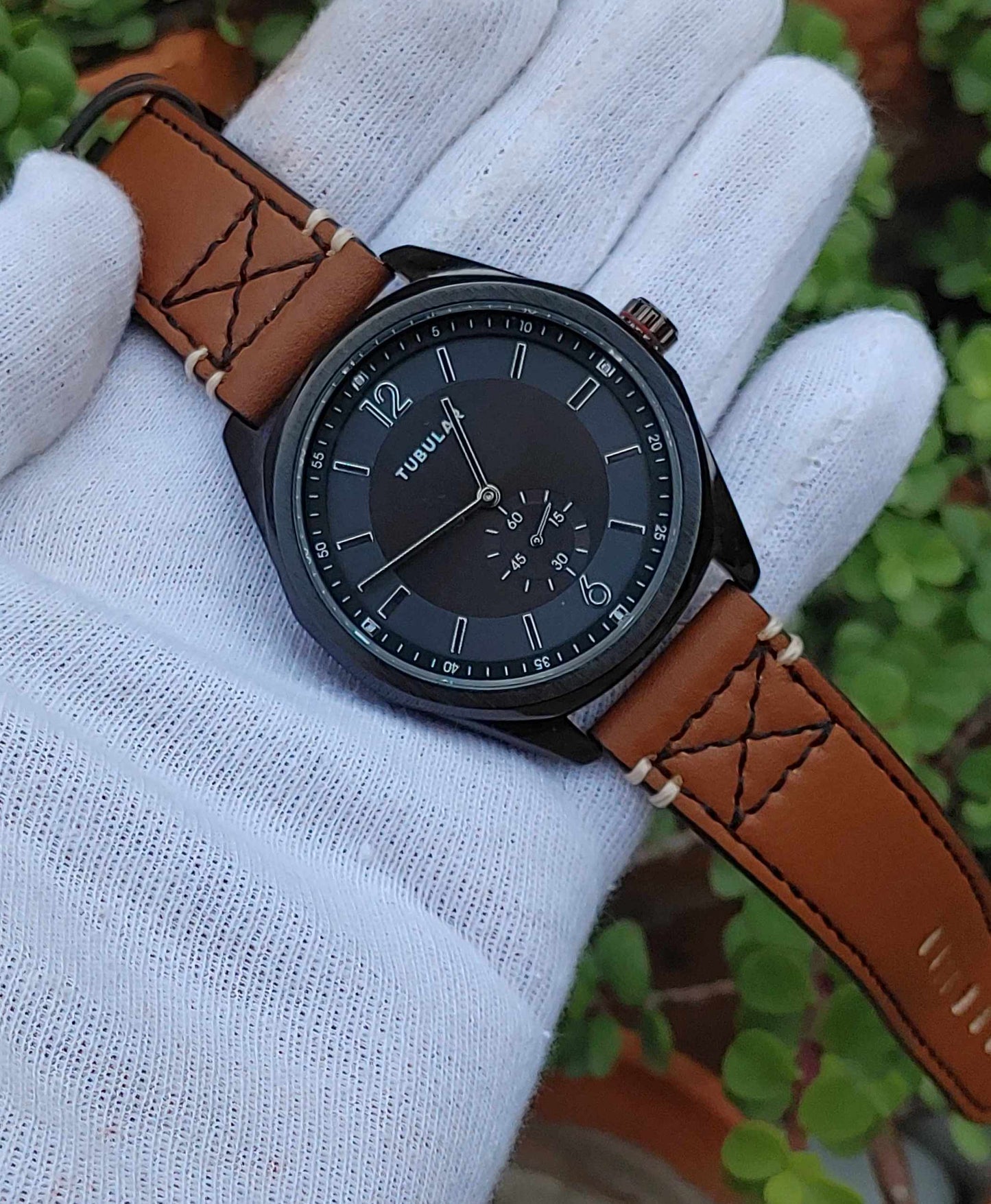 Tubular Down Second Wrist Watch Leather strap For men