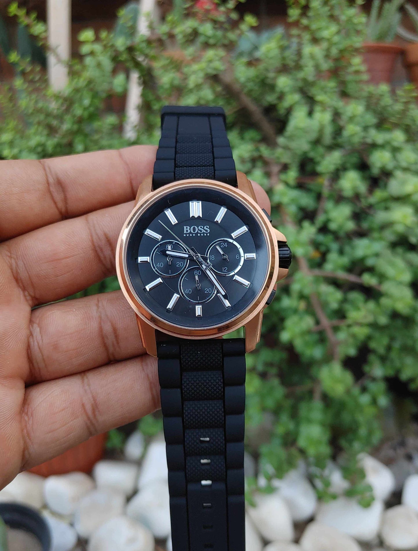 Hugo Boss Rose Gold Case Black Rubber Straps Wrist Watch For Men