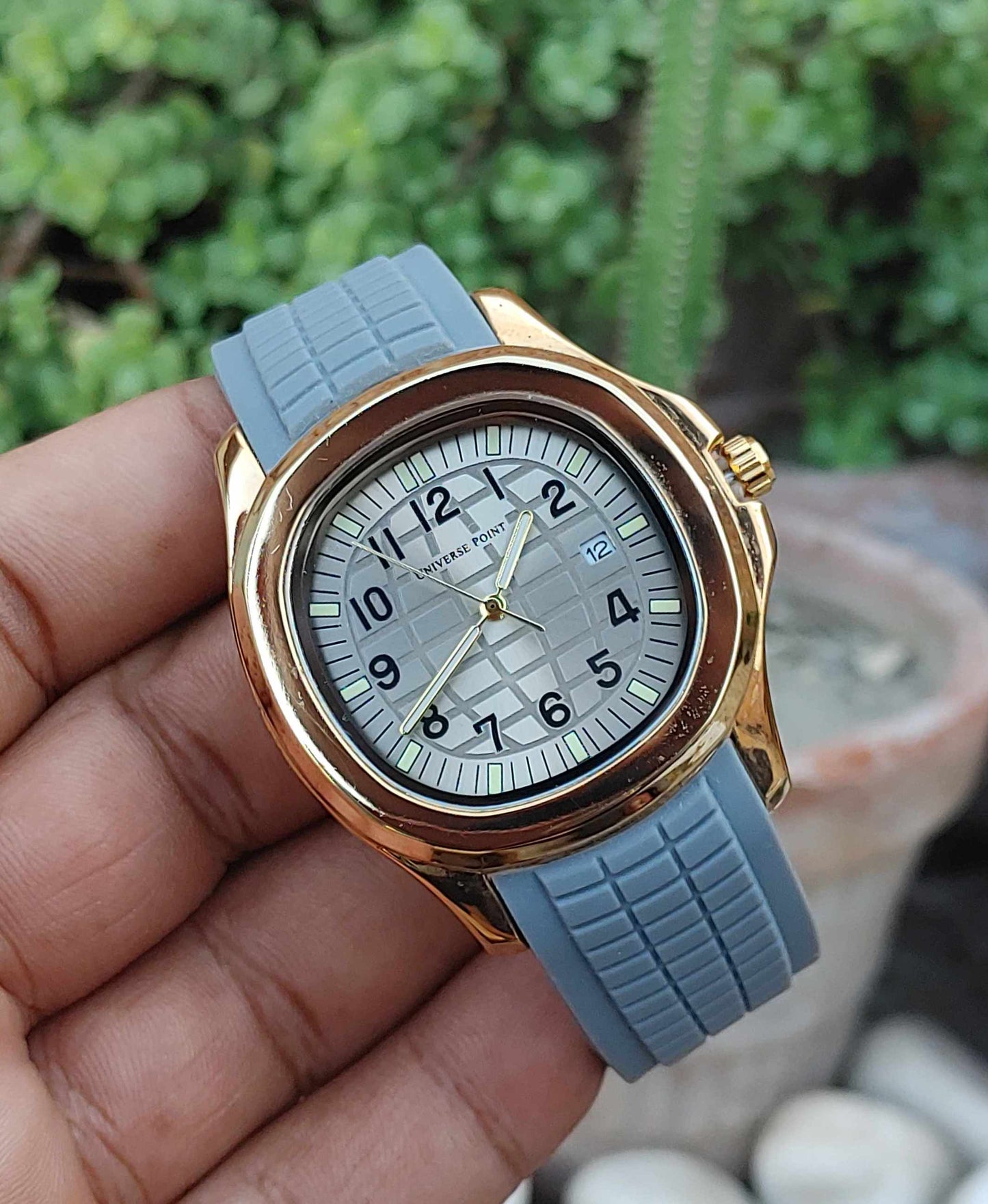 Universe Point Grey Rubber Strap Golden Case Watch For Men