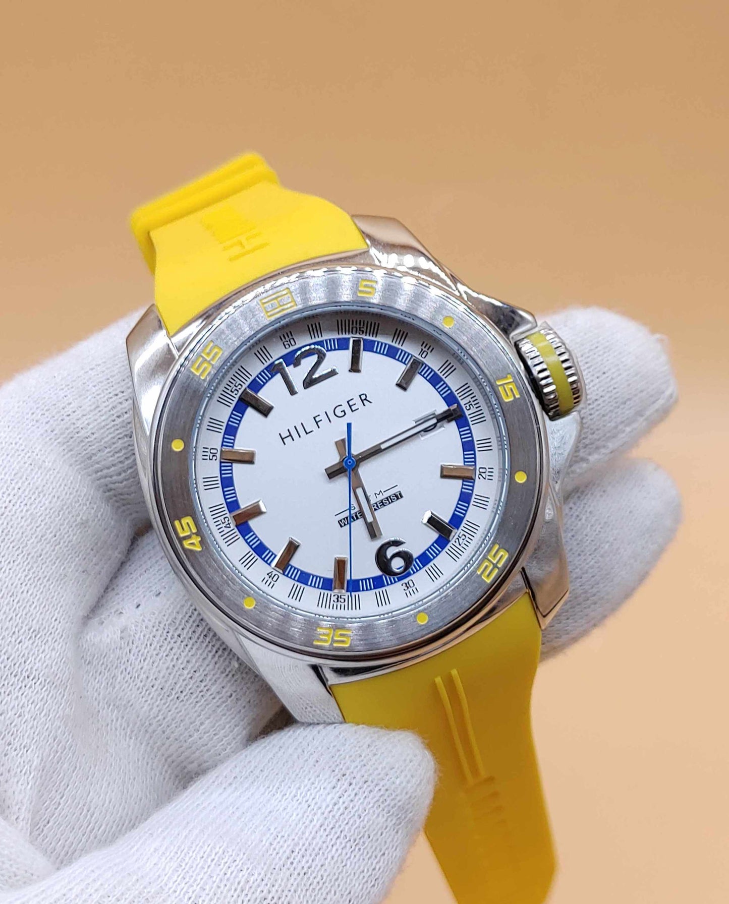 Tommy Hilfiger Sports Watch Stainless Steel Case Yellow Sports Rubber Strap