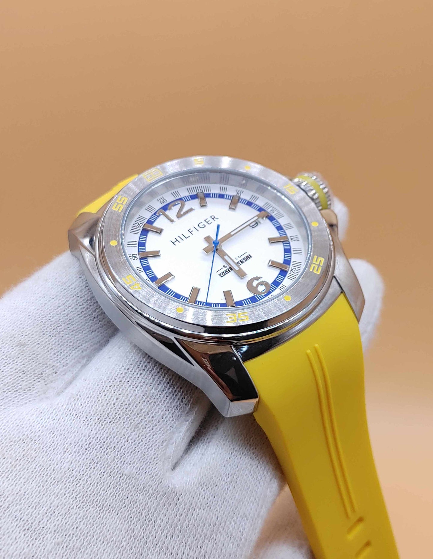 Tommy Hilfiger Sports Watch Stainless Steel Case Yellow Sports Rubber Strap