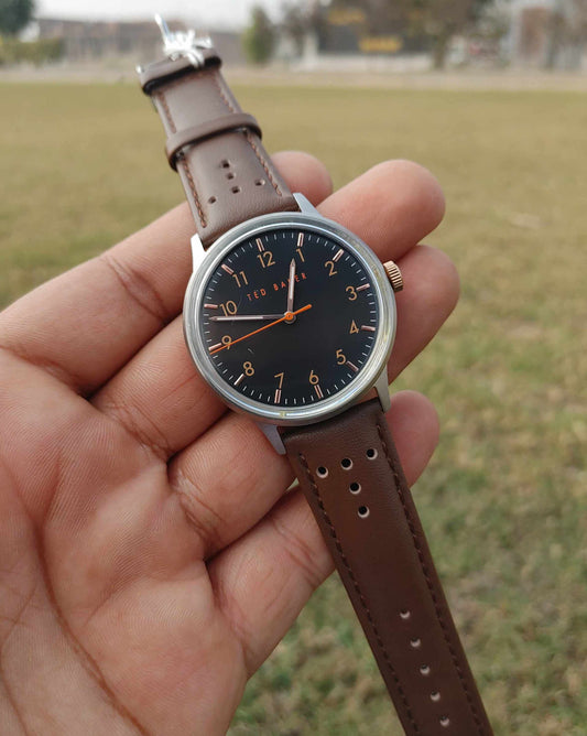 Tedd Baker Leather Strap Orange Needle Wrist Watch For Men