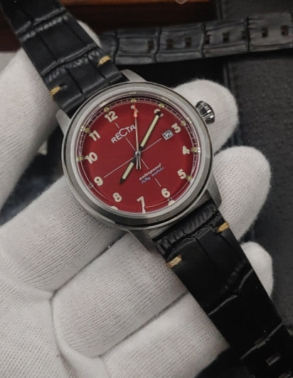 Recta Leather Strap Maroon Dial Watch